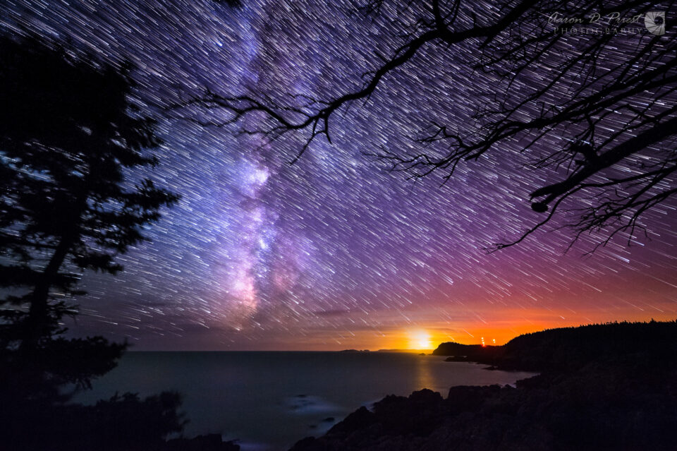 缅因州博尔德海岸上的银河和星星轨迹